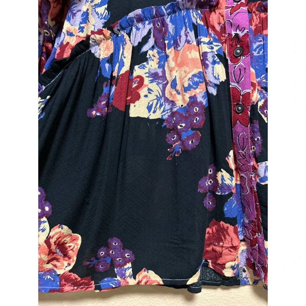 Free People Size XS Shirt Dress Oversized Floral Button Tunic Black‎ Purple Boho